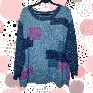 Denim 24/7 Plus Size Women’s 1X Blue Geometric Crewneck Long Sleeve Sweater